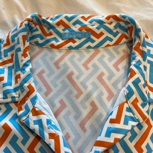 J. McLaughlin button front tie waist dress in blue in orange graphic print